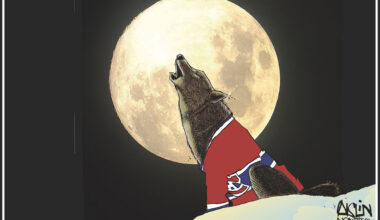 Cartoon of wolf wearing Canadiens jersey howling at moon