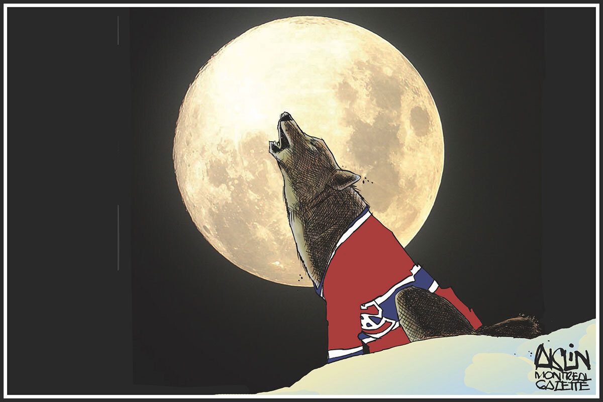 Cartoon of wolf wearing Canadiens jersey howling at moon
