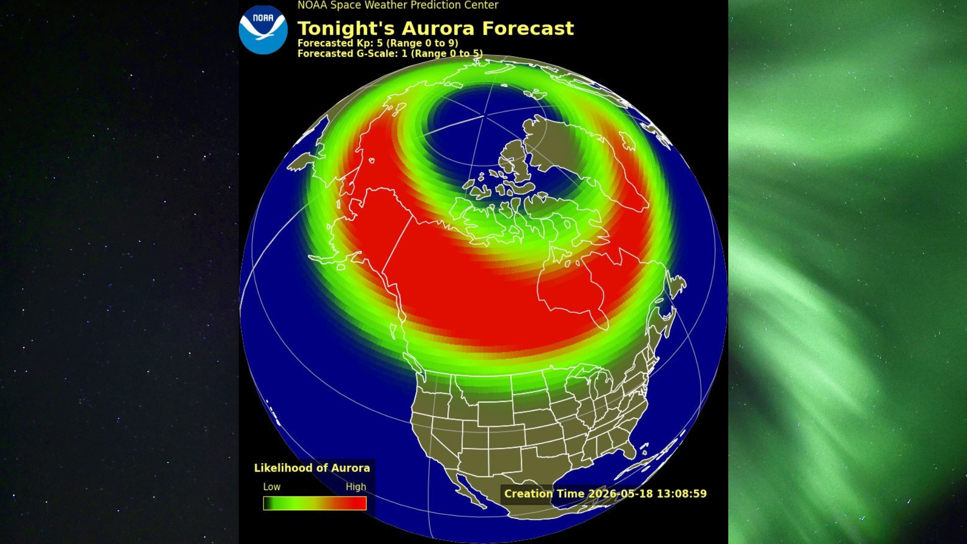 image of a map showing aurora visibility over the US tonight and in the background is a ribbon of green light dancing in the sky - northern lights show overhead.