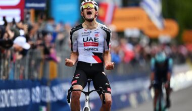 Igor Arrieta of Spain and UAE Team Emirates - XRG celebrates at finish line as stage winner in Potenza