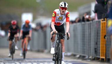 Derek Gee-West of Canada and Team Lidl - Trek crosses the finish line during the 109th Giro d&amp;apos;Italia 2026, Stage 7