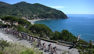 CHIAVARI, ITALY - MAY 20: A general view of the peloton passing through a Levanto village during the 109th Giro d&amp;amp;apos;Italia 2026, Stage 11 a 195km stage from Porcari to Chiavari / #UCIWT / on May 20, 2026 in Chiavari, Italy. (Photo by Dario Belingheri/Getty Image)