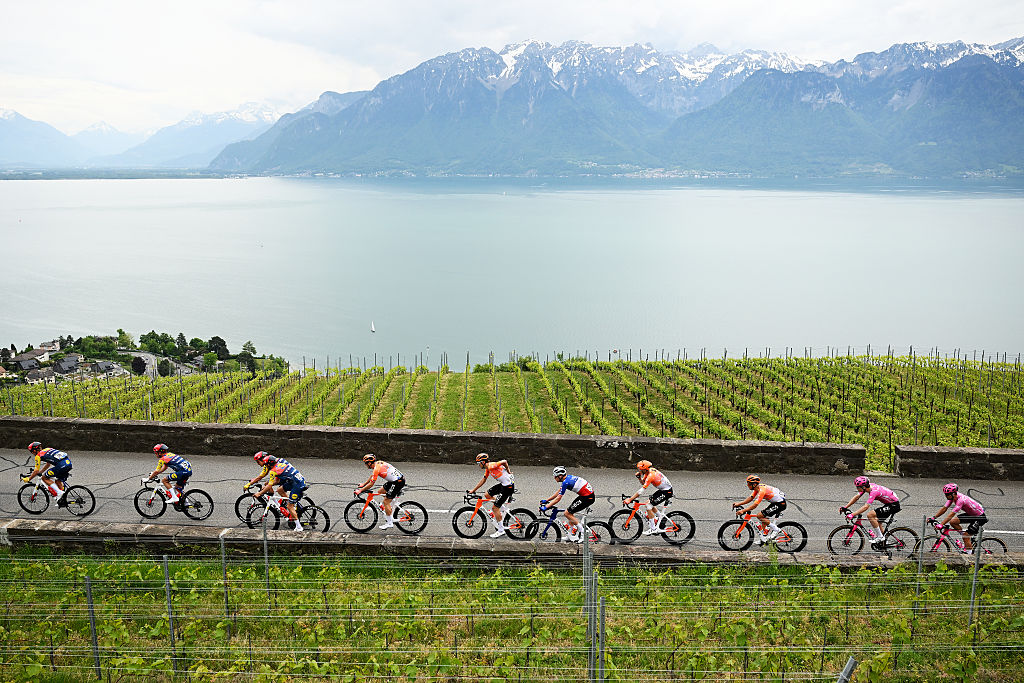 LEYSIN, SWITZERLAND - MAY 03: A general view of the peloton passing through a vineyards landscape during the 79th Tour de Romandie 2026, Stage 5 a 178.2km from Lucens to Leysin 1312m / #UCIWT / on May 03, 2026 in Leysin, Switzerland. (Photo by Dario Belingheri/Getty Images)