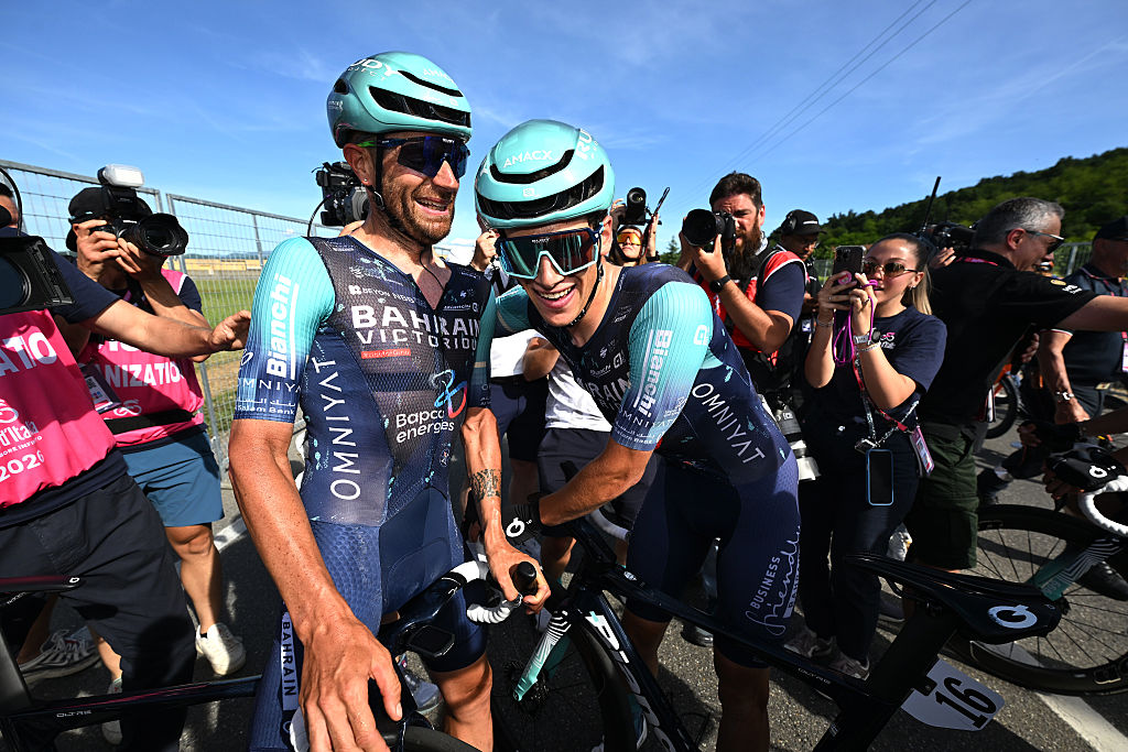 Damiano Caruso of Italy and stage winner Alec Segaert of Belgium and Team Bahrain - Victorious react after the 109th Giro d'Italia 2026, Stage 12 a 175km stage from Imperia to Novi Ligure