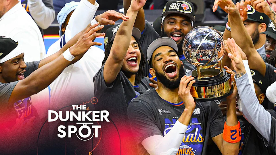 The New York Knicks celebrate after winning the 2026 NBA Eastern Conference Championship on May 25, 2026 at Rocket Arena in Cleveland, Ohio.