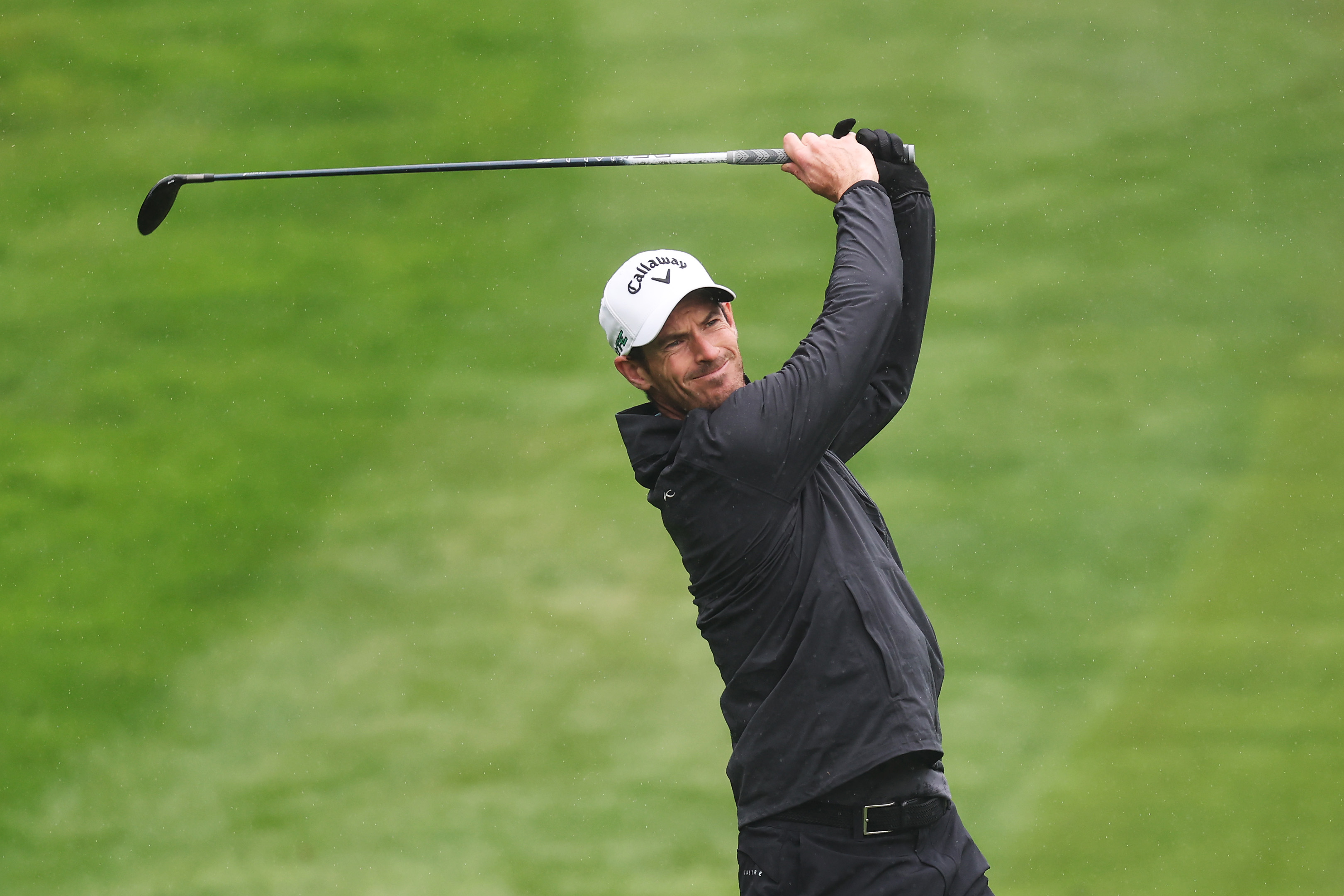 Andy Murray plays a shot during the Pro-Am ahead of the BMW PGA Championship 2025 at Wentworth Golf Club 