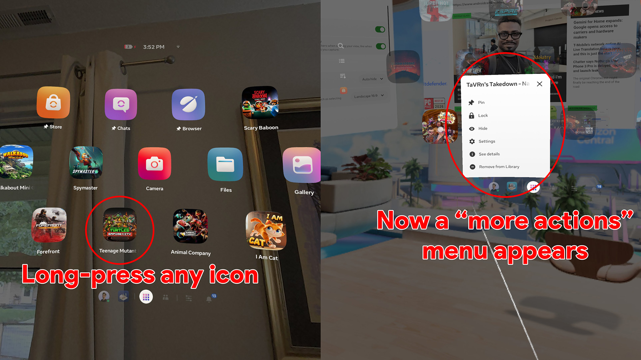 Finding additional app actions on the Meta Quest Navigator UI