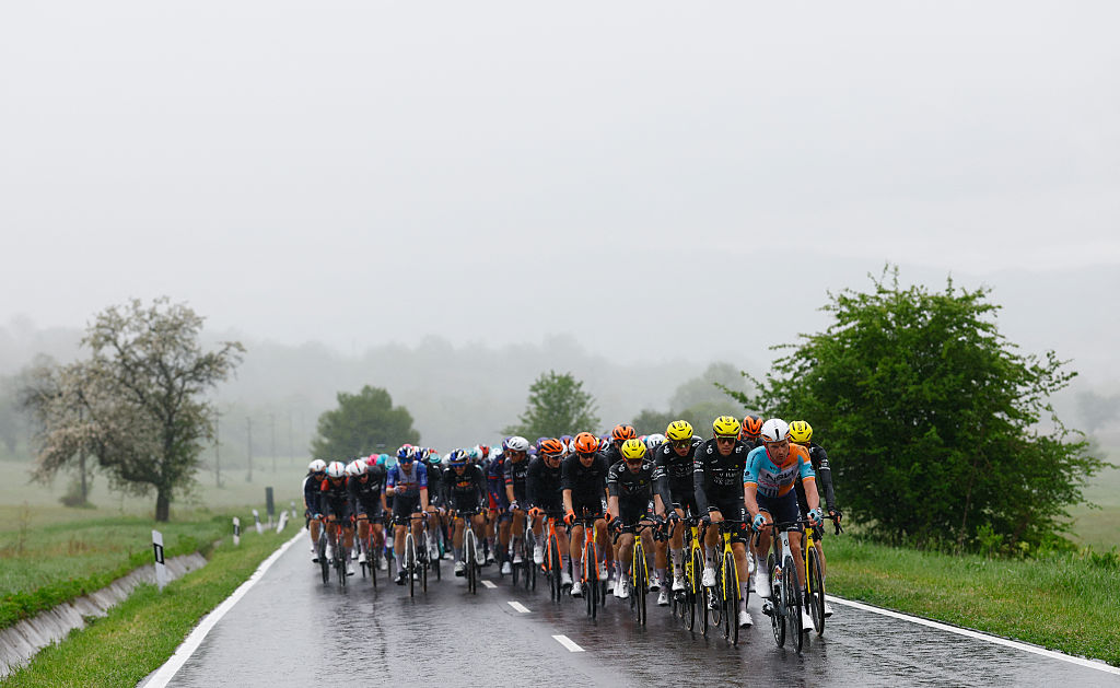 The pack rides during the 2nd stage of the Giro d'Italia 2026 - Tour of Italy cycling race between Burgas and Veliko Tarnovo, Bulgaria, on May 9, 2026. (Photo by Luca Bettini / AFP)