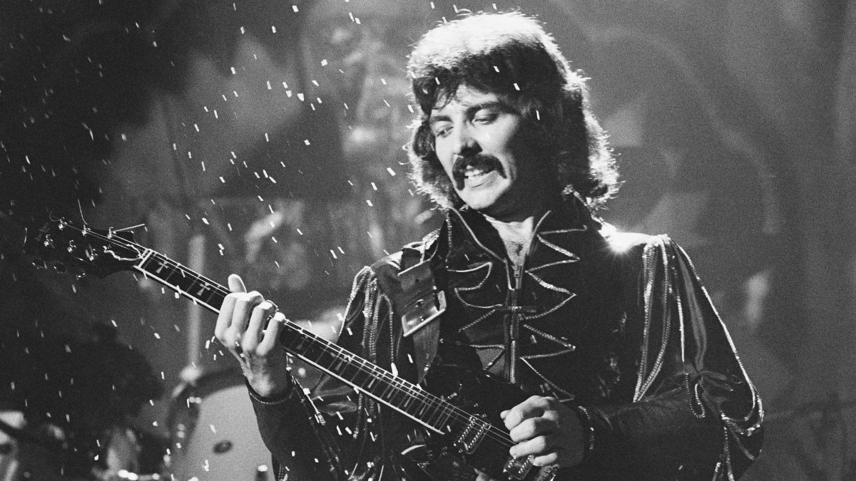 Tony Iommi of Black Sabbath performs on stage at Hammersmith Odeon, London, January 1976