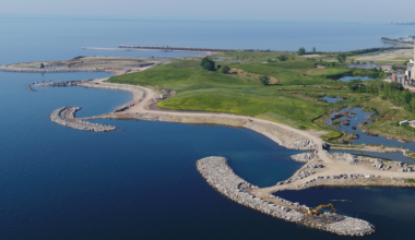 Offshore breakwater islands help protect and shape the restored shoreline at Jim Tovey Lakeview Conservation Area.