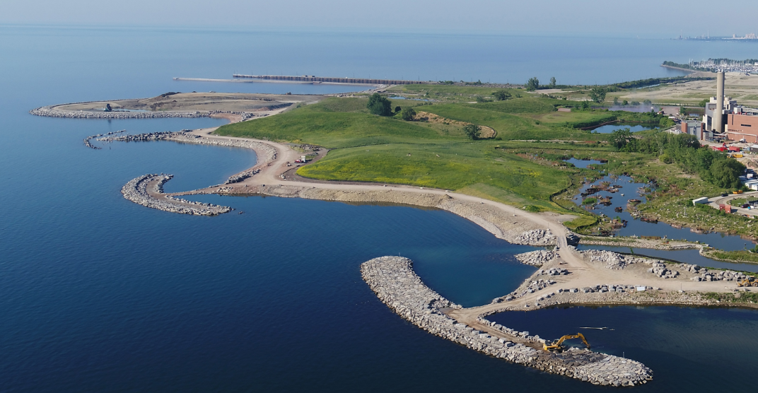 Offshore breakwater islands help protect and shape the restored shoreline at Jim Tovey Lakeview Conservation Area.