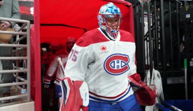 May 29, 2026; Raleigh, North Carolina, USA; Montreal Canadiens goaltender Jakub Dobes (75) walks to the ice for warmups before game five of the Eastern Conference Final of the 2026 Stanley Cup Playoffs against the Carolina Hurricanes at Lenovo Center. Mandatory Credit: James Guillory-Imagn Images
