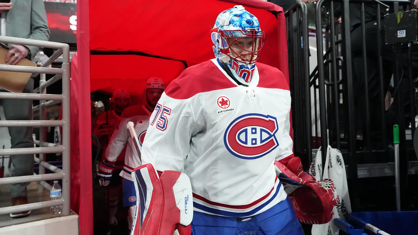 May 29, 2026; Raleigh, North Carolina, USA; Montreal Canadiens goaltender Jakub Dobes (75) walks to the ice for warmups before game five of the Eastern Conference Final of the 2026 Stanley Cup Playoffs against the Carolina Hurricanes at Lenovo Center. Mandatory Credit: James Guillory-Imagn Images