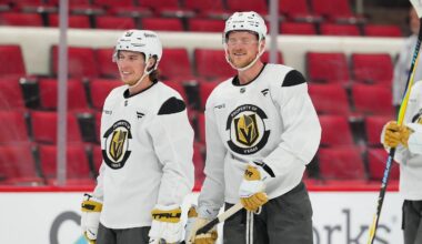 Jun 1, 2026; Raleigh, North Carolina, USA; Vegas Golden Knights center Jack Eichel (9) and  Vegas Golden Knights right wing Mitch Marner (93) looks on during the practice during media day for the 2026 Stanley Cup Final at Lenovo Center. Mandatory Credit: James Guillory-Imagn Images