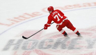 Mar 4, 2026; Detroit, Michigan, USA;  Detroit Red Wings center Dylan Larkin (71) skates with the puck in the first period against the Vegas Golden Knights at Little Caesars Arena. Mandatory Credit: Rick Osentoski-Imagn Images