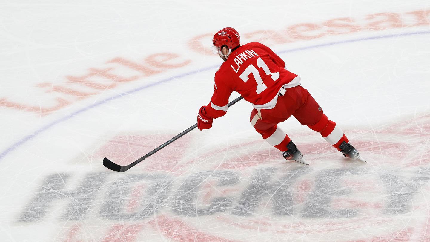 Mar 4, 2026; Detroit, Michigan, USA;  Detroit Red Wings center Dylan Larkin (71) skates with the puck in the first period against the Vegas Golden Knights at Little Caesars Arena. Mandatory Credit: Rick Osentoski-Imagn Images