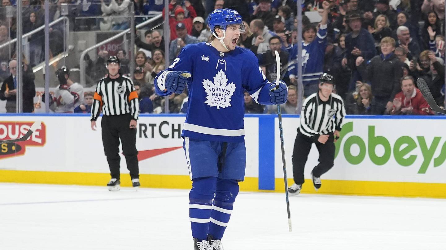 Dec 27, 2025; Toronto, Ontario, CAN; Toronto Maple Leafs forward Matthew Knies (23) reacts after scoring against the Ottawa Senators during the first period at Scotiabank Arena. Mandatory Credit: John E. Sokolowski-Imagn Images