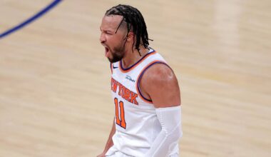 May 19, 2026; New York, New York, USA; New York Knicks guard Jalen Brunson (11) celebrates his three point shot against the Cleveland Cavaliers during the fourth quarter of game one of the eastern conference finals during the 2026 NBA playoffs at Madison Square Garden. Mandatory Credit: Brad Penner-Imagn Images