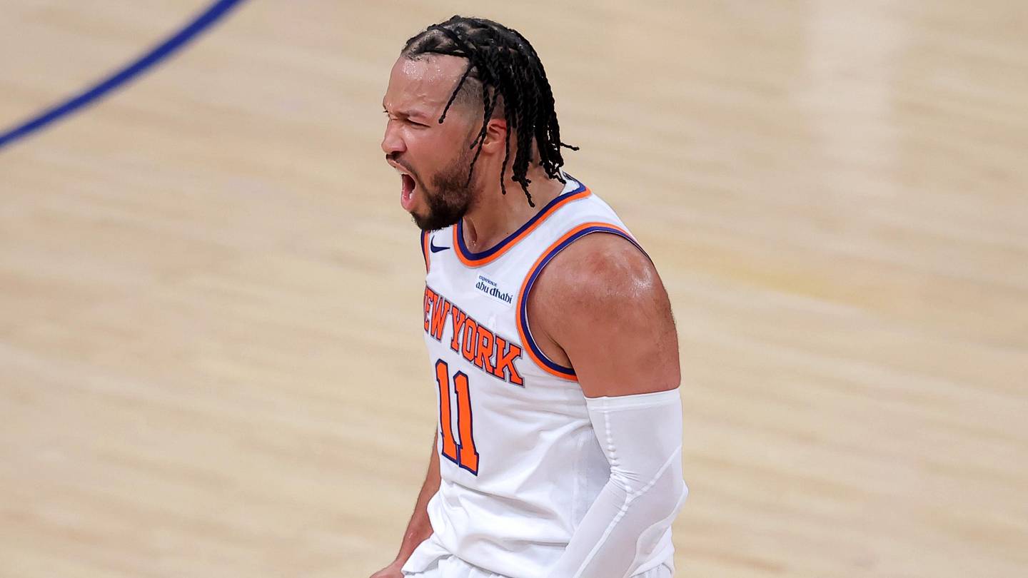 May 19, 2026; New York, New York, USA; New York Knicks guard Jalen Brunson (11) celebrates his three point shot against the Cleveland Cavaliers during the fourth quarter of game one of the eastern conference finals during the 2026 NBA playoffs at Madison Square Garden. Mandatory Credit: Brad Penner-Imagn Images