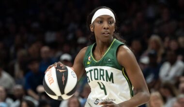 Jun 6, 2026; Minneapolis, Minnesota, USA; Seattle Storm guard Flau'jae Johnson (4) dribbles the ball against the Minnesota Lynx in the second half at Target Center. Mandatory Credit: Jesse Johnson-Imagn Images