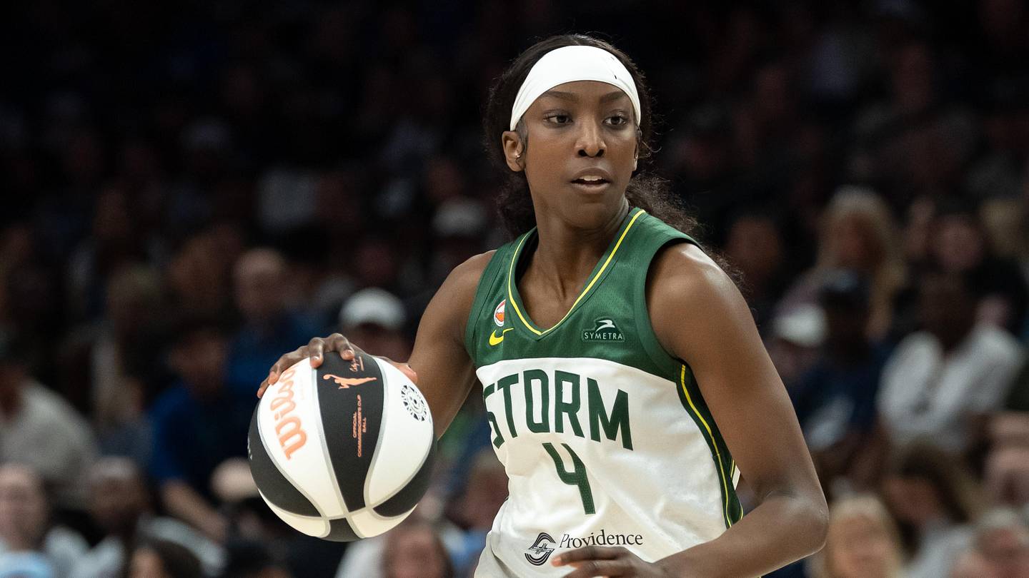 Jun 6, 2026; Minneapolis, Minnesota, USA; Seattle Storm guard Flau'jae Johnson (4) dribbles the ball against the Minnesota Lynx in the second half at Target Center. Mandatory Credit: Jesse Johnson-Imagn Images