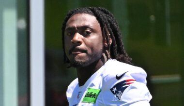 Jun 9, 2026; Foxborough, MA, USA; New England Patriots wide receiver A.J. Brown (1) arrives on the practice field for minicamp at Gillette Stadium. Mandatory Credit: Eric Canha-Imagn Images