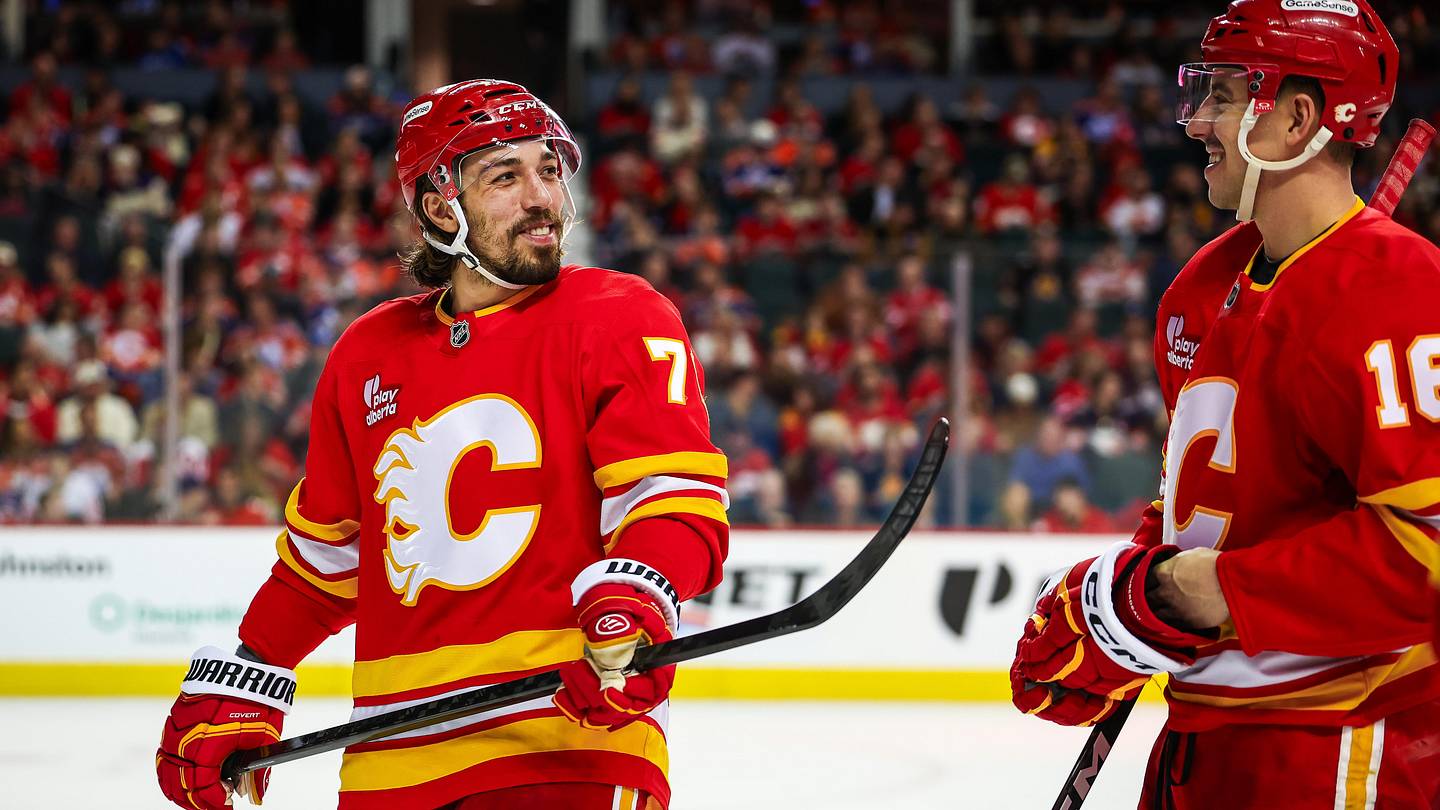 Feb 4, 2026; Calgary, Alberta, CAN; Calgary Flames left wing Ryan Lomberg (70) during the third period against the Edmonton Oilers at Scotiabank Saddledome. Mandatory Credit: Sergei Belski-Imagn Images