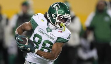 Nov 16, 2025; Winnipeg, Manitoba, Canada;  Saskatchewan Roughriders wide receiver Dohnte Meyers (88) runs with the ball during the first quarter against the Montreal Alouettes during the 112th Grey Cup Championship at Princess Auto Stadium. Mandatory Credit: John E. Sokolowski-Imagn Images