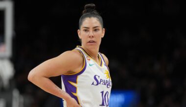 Jun 13, 2026; Phoenix, Arizona, USA; Los Angeles Sparks guard Kelsey Plum (10) celebrates after defeating the Phoenix Mercury in overtime at Mortgage Matchup Center. Mandatory Credit: Rick Scuteri-Imagn Images