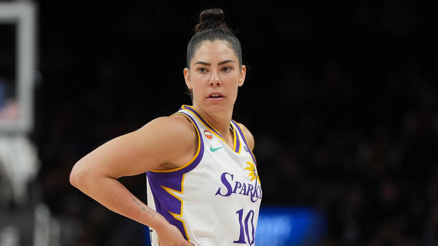 Jun 13, 2026; Phoenix, Arizona, USA; Los Angeles Sparks guard Kelsey Plum (10) celebrates after defeating the Phoenix Mercury in overtime at Mortgage Matchup Center. Mandatory Credit: Rick Scuteri-Imagn Images