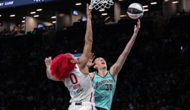 Jun 11, 2026; College Park, Georgia, USA; New York Liberty forward Breanna Stewart (30) shoots a free throw against the Atlanta Dream during the second half at Gateway Center Arena at College Park. Mandatory Credit: Dale Zanine-Imagn Images