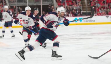 Apr 2, 2026; Raleigh, North Carolina, USA;  Columbus Blue Jackets center Boone Jenner (38) takes a shot against the Carolina Hurricanes during the second period t Lenovo Center. Mandatory Credit: James Guillory-Imagn Images