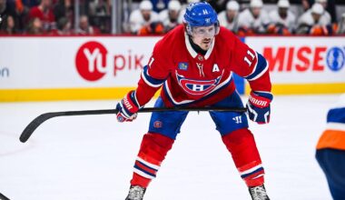 Mar 21, 2026; Montreal, Quebec, CAN; Montreal Canadiens right wing Brendan Gallagher (11) waits for a face-off against the New York Islanders during the third period at Bell Centre. Mandatory Credit: David Kirouac-Imagn Images