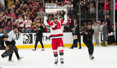 Jun 14, 2026; Las Vegas, Nevada, USA; Carolina Hurricanes left wing Taylor Hall (71) raises the the Stanley Cup after defeating the Vegas Golden Knights in game six of the 2026 Stanley Cup Final at T-Mobile Arena. Mandatory Credit: Stephen R. Sylvanie-Imagn Images