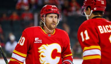 Oct 22, 2025; Calgary, Alberta, CAN; Calgary Flames left wing Blake Coleman (20) and center Mikael Backlund (11) during the second period against the Montreal Canadiens at Scotiabank Saddledome. Mandatory Credit: Sergei Belski-Imagn Images