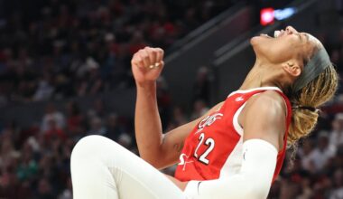 Jun 11, 2026; Portland, Oregon, USA;  Las Vegas Aces center A'ja Wilson (22) reacts after scoring against the Portland Fire during the second half at Moda Center. Mandatory Credit: Jaime Valdez-Imagn Images