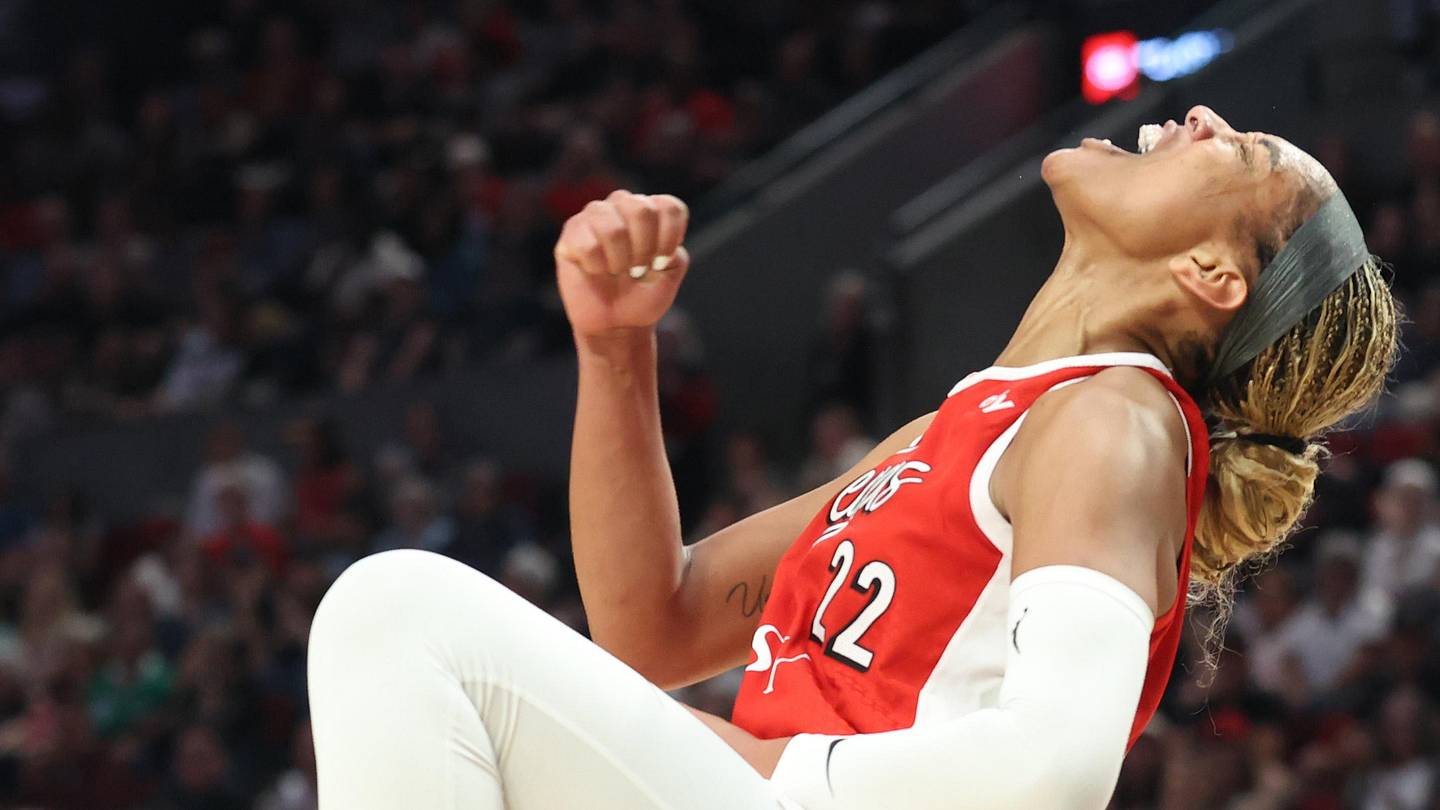 Jun 11, 2026; Portland, Oregon, USA;  Las Vegas Aces center A'ja Wilson (22) reacts after scoring against the Portland Fire during the second half at Moda Center. Mandatory Credit: Jaime Valdez-Imagn Images