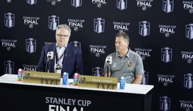 Jun 2, 2023; Las Vegas, Nevada, USA; Vegas Golden Knights general manager Kelly McCrimmon and head coach Bruce Cassidy answers questions to the press during media day in advance of the 2023 Stanley Cup Final. Mandatory Credit: Lucas Peltier-Imagn Images