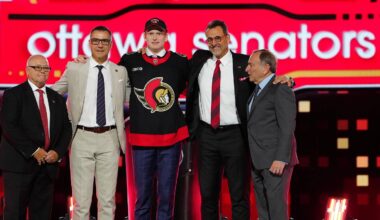 Jun 28, 2024; Las Vegas, Nevada, USA; Carter Yakemchuk is selected by the Ottawa Senators with the 7th overall pick in the first round of the 2024 NHL Draft at The Sphere. Mandatory Credit: Stephen R. Sylvanie-Imagn Images
