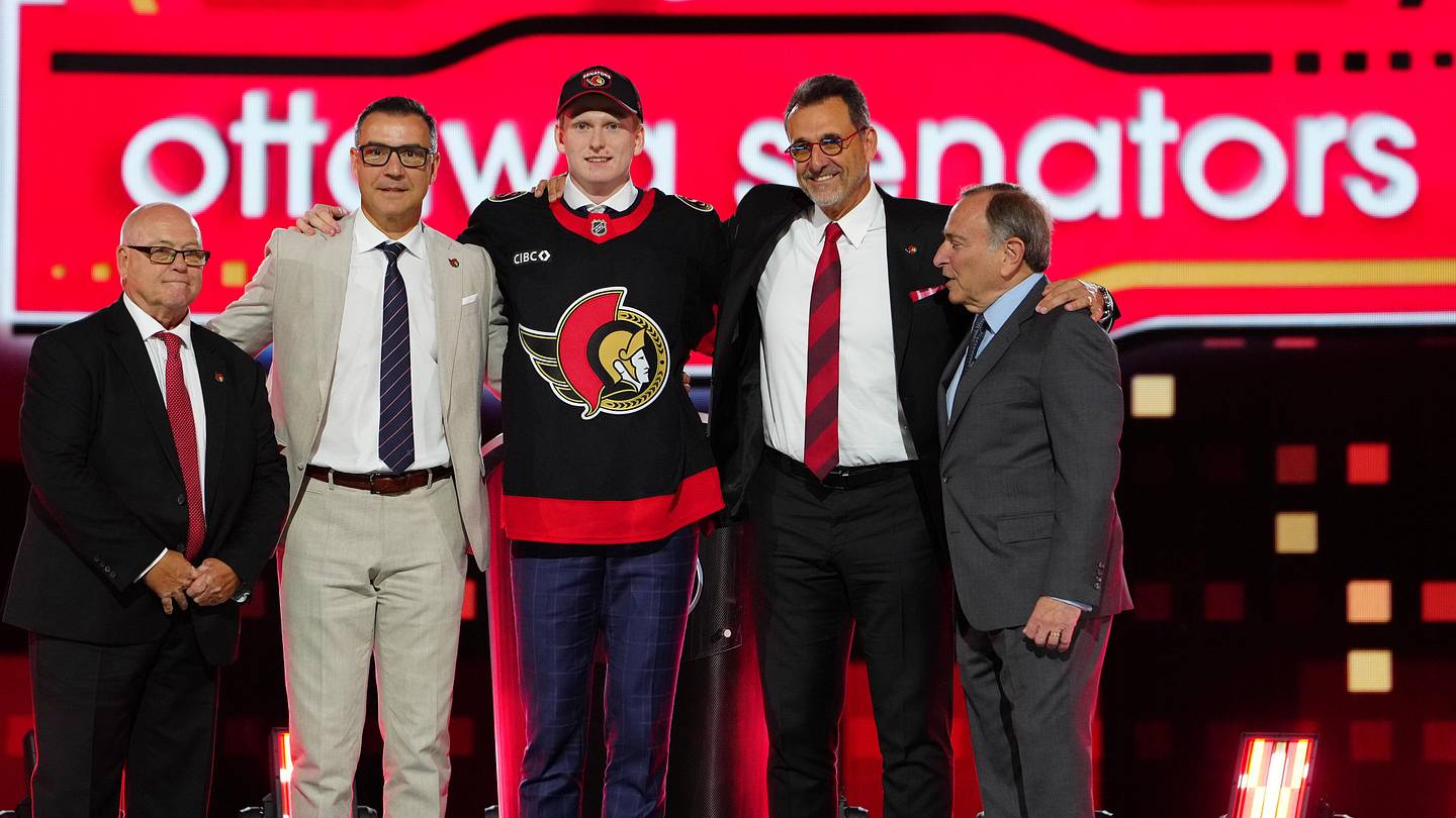 Jun 28, 2024; Las Vegas, Nevada, USA; Carter Yakemchuk is selected by the Ottawa Senators with the 7th overall pick in the first round of the 2024 NHL Draft at The Sphere. Mandatory Credit: Stephen R. Sylvanie-Imagn Images