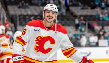 Feb 26, 2026; San Jose, California, USA; Calgary Flames center Morgan Frost (16) warms up before the game against the San Jose Sharks at SAP Center at San Jose. Mandatory Credit: Bob Kupbens-Imagn Images
