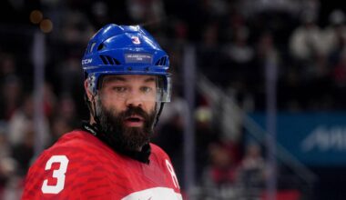 Feb 18, 2026; Milan, Italy; Radko Gudas of Czech Republic against Canada in a men's ice hockey quarterfinal during the Milano Cortina 2026 Olympic Winter Games at Milano Santagiulia Ice Hockey Arena. Mandatory Credit: Amber Searls-Imagn Images