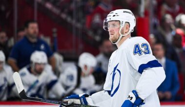Apr 26, 2026; Montreal, Quebec, CAN; Tampa Bay Lightning defenseman Darren Raddysh (43) looks on against the Montreal Canadiens during the second period in game four of the first round of the 2026 Stanley Cup Playoffs at Bell Centre. Mandatory Credit: David Kirouac-Imagn Images