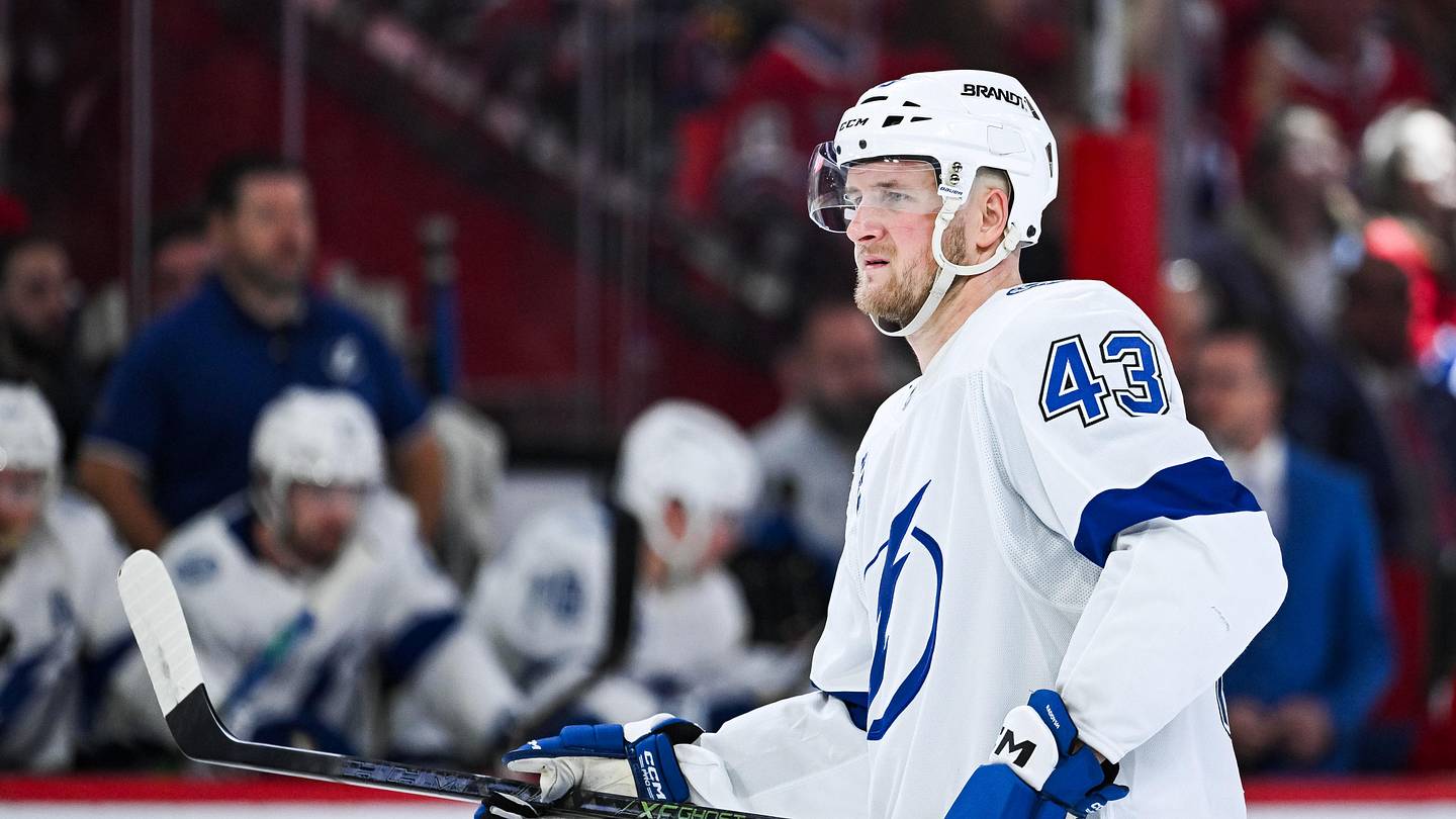 Apr 26, 2026; Montreal, Quebec, CAN; Tampa Bay Lightning defenseman Darren Raddysh (43) looks on against the Montreal Canadiens during the second period in game four of the first round of the 2026 Stanley Cup Playoffs at Bell Centre. Mandatory Credit: David Kirouac-Imagn Images