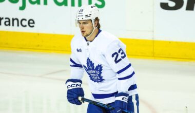 Feb 2, 2026; Calgary, Alberta, CAN; Toronto Maple Leafs left wing Matthew Knies (23) skates during the warmup period against the Calgary Flames at Scotiabank Saddledome. Mandatory Credit: Sergei Belski-Imagn Images
