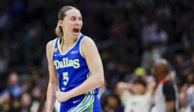 Jun 22, 2026; Seattle, Washington, USA; Dallas Wings guard Paige Bueckers (5) reacts after shooting a three-pointer against the Seattle Storm dduring the fourth quarter at Climate Pledge Arena. Mandatory Credit: Joe Nicholson-Imagn Images