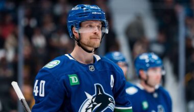 Apr 14, 2026; Vancouver, British Columbia, CAN; Vancouver Canucks forward Elias Pettersson (40) during a stop in play against the Los Angeles Kings in the third period at Rogers Arena. Mandatory Credit: Bob Frid-Imagn Images