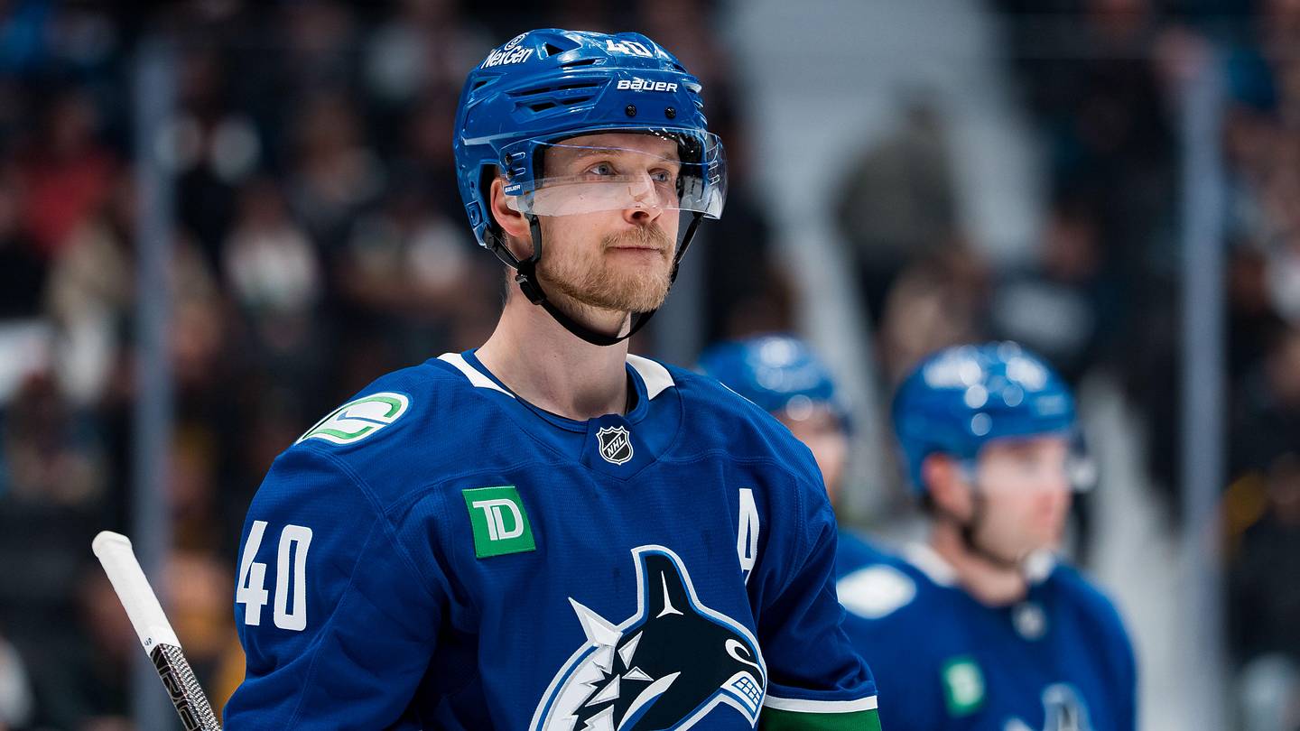 Apr 14, 2026; Vancouver, British Columbia, CAN; Vancouver Canucks forward Elias Pettersson (40) during a stop in play against the Los Angeles Kings in the third period at Rogers Arena. Mandatory Credit: Bob Frid-Imagn Images