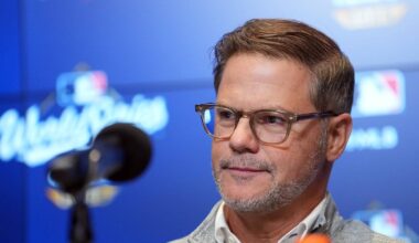 Oct 24, 2025; Toronto, Ontario, CAN; Toronto Blue Jays executive vice president and general manager Ross Atkins speaks to the media before game one of the 2025 MLB World Series against the Los Angeles Dodgers at Rogers Centre. Mandatory Credit: Nick Turchiaro-Imagn Images