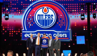 Jun 28, 2024; Las Vegas, Nevada, USA; Sam O'Reilly is selected by the Edmonton Oilers with the 32nd overall pick in the first round of the 2024 NHL Draft at The Sphere. Mandatory Credit: Stephen R. Sylvanie-Imagn Images